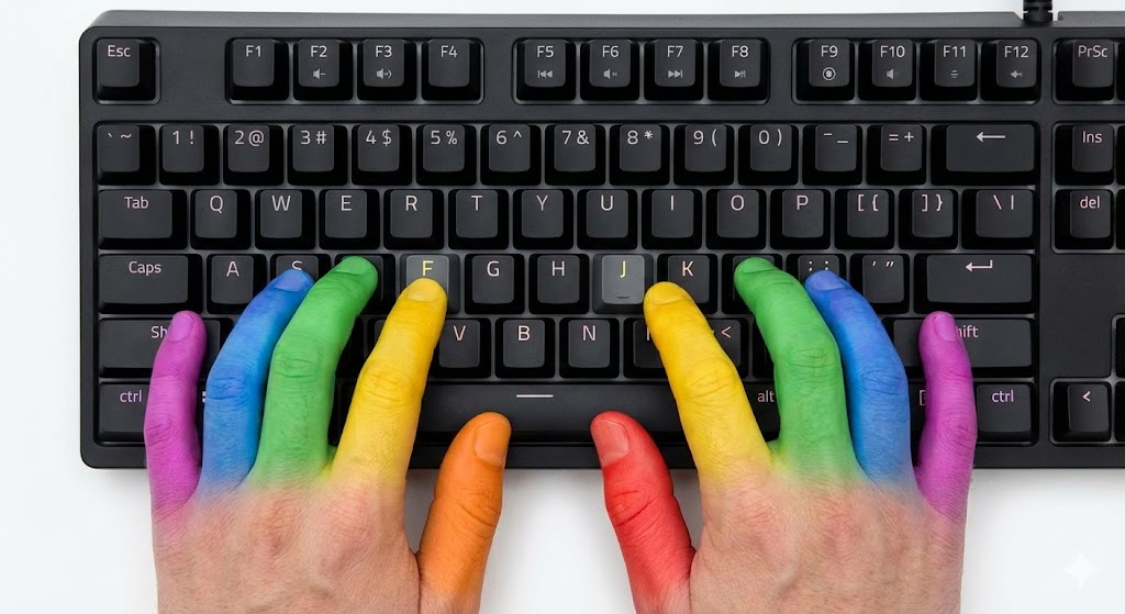 Infográfico explicando como usar o teste de digitação e a postura correta dos dedos no teclado (Touch Typing).